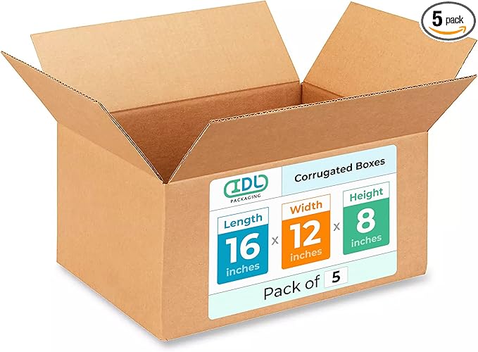 Medium Shipping & Moving Boxes 16 x 12 x 8 inches (5-Pack) - Extra Strength 200 lb vs Regular - Corrugated Packing Boxes for Moving - Cardboard Box for USPS, FedEx - Packing Box by IDL Packaging
