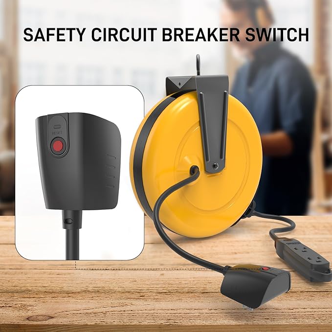 30Ft Retractable Extension Cord Reel, Ceiling/Wall Mount 16/3 Gauge SJTW Power Cord with 3 Outlets Triple Tap for Garage, Shop, 10 Amp Circuit Breaker, Durable Coated Metal Plate, ETL Listed