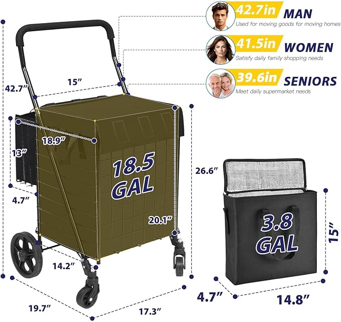 Shopping Cart for Groceries, Folding Utility Cart with Waterproof Liner and Insulated Cooler Bag, 360° Swivel Wheels Height Adjustable Portable Grocery Cart for Condo Laundry Transport Trip