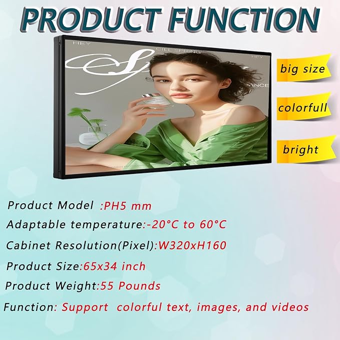 P5 Outdoor Full-Color LED Scrolling Display 65"x34" IP65 Waterproof Programmable LED Sign High Brightness, Smart WiFi and USB Control Commercial Advertising Screen for Video & Image