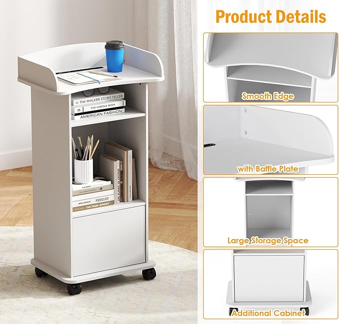 Podium Stand Portable,Mobile Pulpit Podium with Lockable Wheels,Wooden Hostess Stand Reception Desk with Adjustable Shelf and Storage Cabinet for Churches Conference School