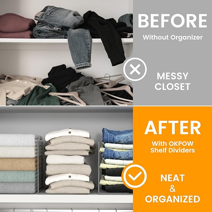 OKPOW Shelf Dividers for Closet Organization: 8 Pack Durable Clear Acrylic Divider Organizer for Shelves - Vertical Adjustable Shelving Separators for Clothing Purse