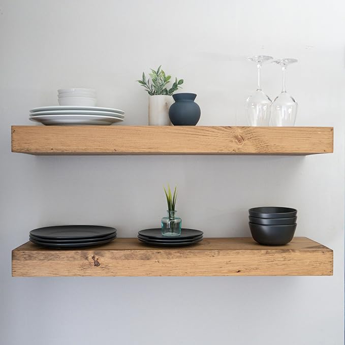Urbandi Modern Floating Shelves 3 Inches Thick for Wall, Wide Shelves for Kitchen, Living Room, Bedroom, and Bathroom, Natural Pine Wood, Rustic Wooden Shelf, (Set of 2) (Aged Oak, 60Lx3Hx6D)