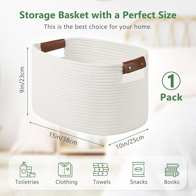Cotton Rope Basket, Storage Baskets with Handle, 15x10x9 Inch Woven Basket for Shelves, Laundry, Towels, Clothes, Books (White 1Pack)