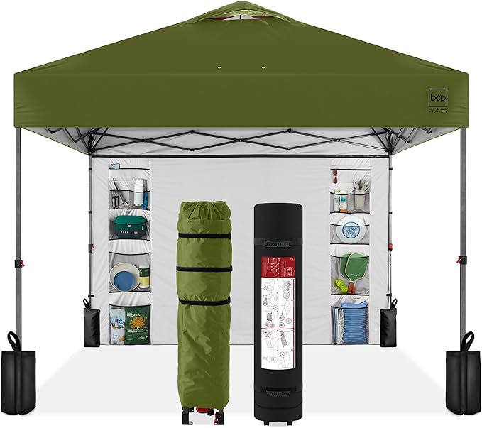 Best Choice Products 10x10ft Easy Pop Up Canopy w/Side Wall, 10 Pockets, Portable Carrying Case, 1-Button Setup, 4 Weight Bags - Olive Green