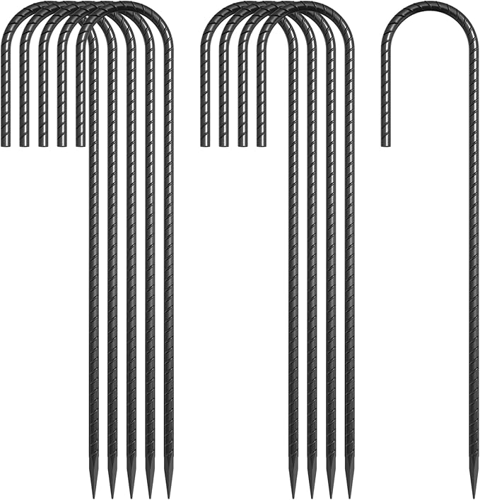 16 Inch J Hook Rebar Stakes 10 Pack, Heavy Duty 5/16 Inch Diameter Black E-Coated Steel Wind Resistant Ground Anchors for Trampoline, Bounce House, Dog Kennel, Chain Link Fence & Gazebo