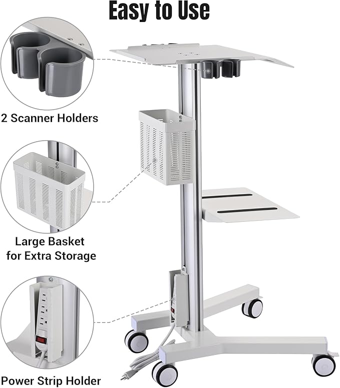 Yescom Medical Mobile Laptop Cart Rolling PC Stand Computer Workstation on Wheels with Handle 220 Lbs Capacity CPU Printer Power Strip Holder for Dentistry Clinic Lap Hospital White