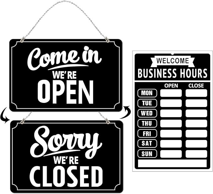 Open Closed Signs Business Hours Sign Set for Window Door Open Signs for Business Hour Closed Open Flip Sign Store Resturant Bar Black