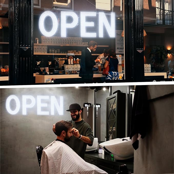 LED Open Signs for Business, 40"x14" Dimmable Large LED Open Light Up Sign with Hanging Installation for Salon Gym Cafes Store Office Bar Hotel Pubs (Cold White)