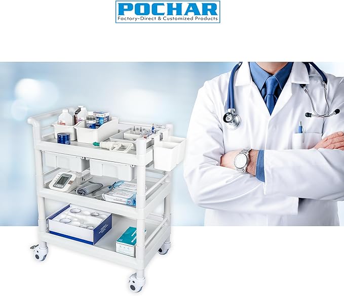 Medical Mobile Trolley Cart 3 Tier 500 Lbs Spacious Beauty Salon Rolling Trolley with Dirt Buckets Drawers 360°Rotate Wheels Heavy Duty Medical Utility Cart for Hospital Dental Clinic