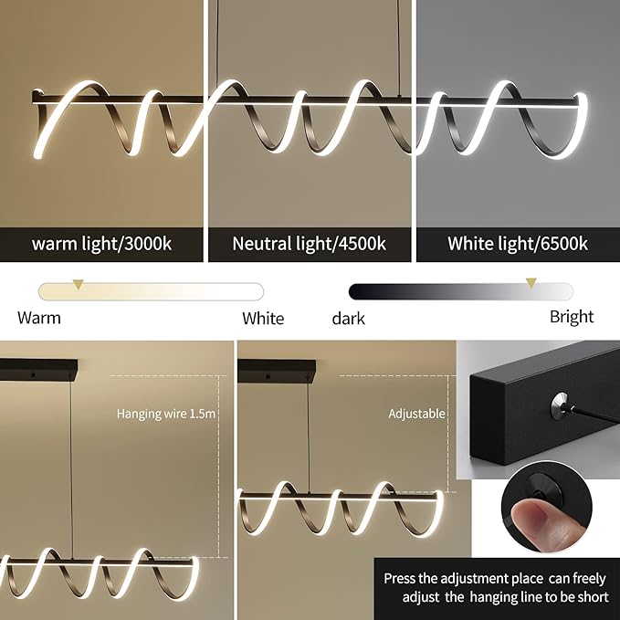 Modern Design Dimmable Desk Linear Pendant Light, with Remote Control Dimmable 3 Color Mode & Brightness Ceiling Lamp, Anti-Flicker Dining Light Fixture for Kitchen（47IN）