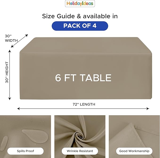 HolidayIdeas Fitted Tablecloths for 6 Foot Rectangle Table, Wrinkle Resistant Washable Table Cover 30x72 Inch for Vendor Booth Display, Banquet, Trade Show, Taupe, 4 Pcs