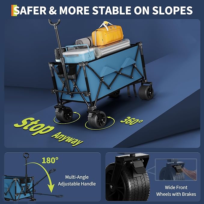 35" Foldable Wagon for Beach with 350lbs Weight Capacity, Heavy Duty 280L Extra Large Collapsible Foldable Wagon for Camping, All Terrain Beach Wagons Extended with Cup Holders for Sand