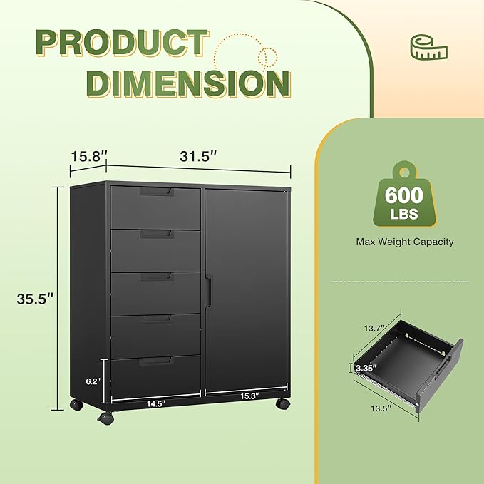 5 Drawer Metal Storage Cabinet, Mobile Office Storage Cabinet, Printer Stand with Storage, Craft Cabinet Dresser Chest for Home Office (Black)