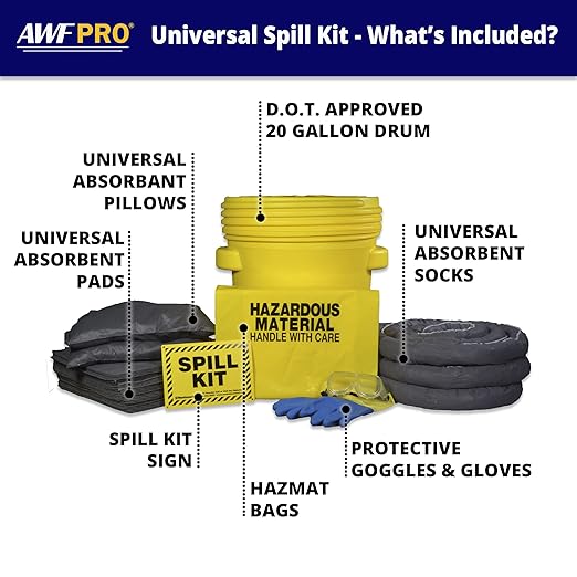 AWF PRO 20 Gallon Universal Spill Kit, 59 Pieces – 20 gal DOT Approved Drum, Socks, Pads & Pillows, & Accessories