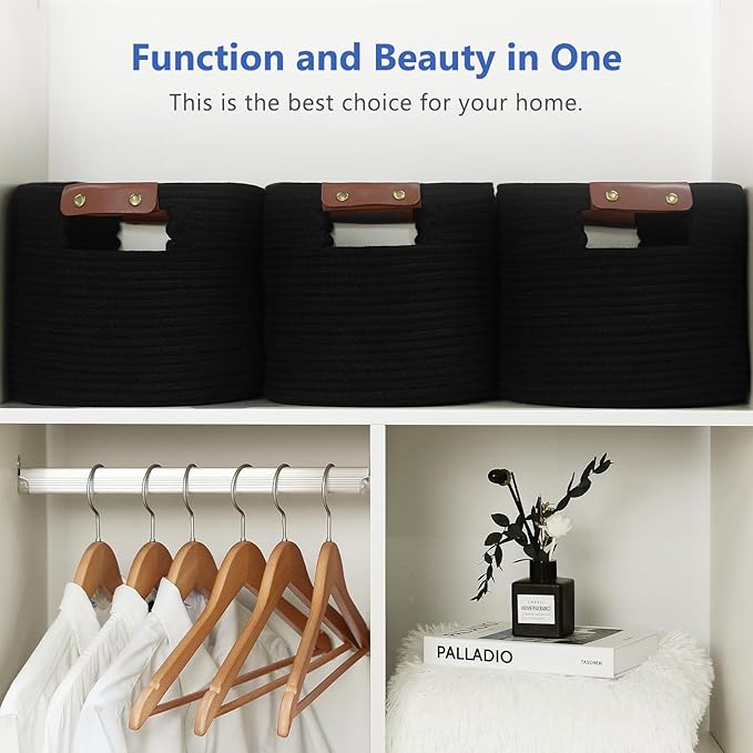Cotton Rope Basket, Storage Baskets with Handle, 15x10x9 Inch Woven Basket for Shelves, Laundry, Towels, Clothes, Books (Black 1Pack)