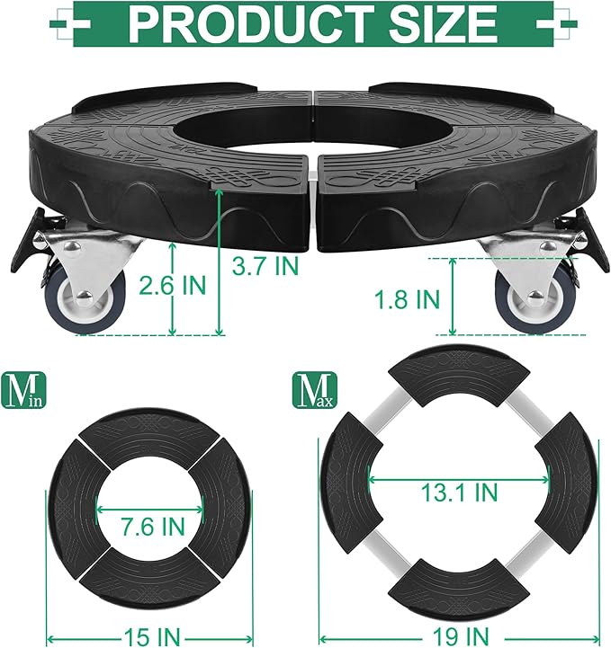 ToLanbbt Trash Can Dollies with Wheels, 15-19 in Adjustable Round Furniture Dollies Heavy Duty 440 LBS Drum Rolling Base Keg Carts for 20, 32, 44, 55 Gallon Garbage Cans, Black, 2 PCS