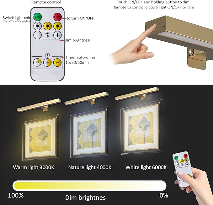 MIOBLUE Wireless Picture Lights with Remote, Recgargeable Battery Painting Light Display Lamp with 3 Lighting Modes, Dimmable Dartboard Light with Timer for Frame Portrait Art, Metal Body