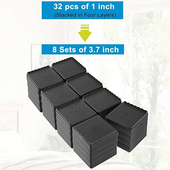 Bed Risers 1 inch, 2 inch, 3 inch, 4 inch Heavy Duty, Adjustable Furniture Riser for Table Desk Couch Sofa Chair Recliner Leg Frame Dorm, Stackable Bed Raisers Blocks (Black 8 Pack, 1+1+1+1 inch)
