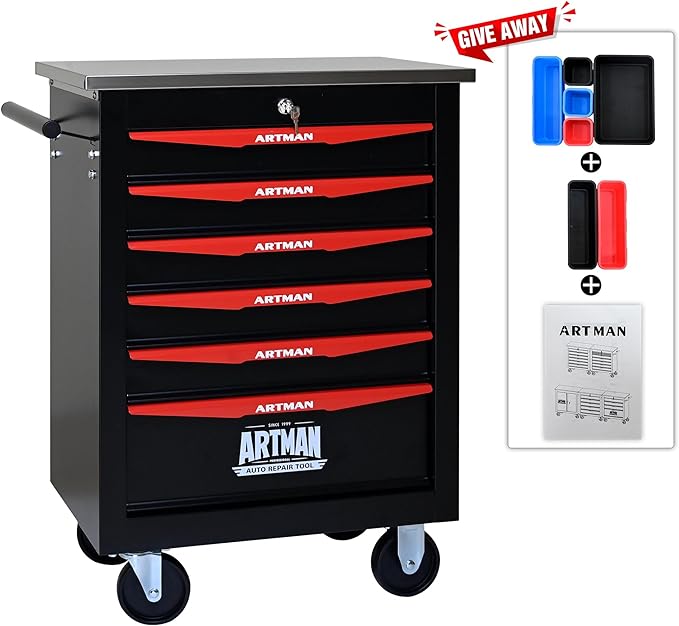 6-Drawer Heavy-Duty Rolling Steel Tool Cart with Handle&Wheels, Metal Storage Organizer Cabinet, Tool Chest for Efficient Tool Storage in Garage, Warehouse, Workshop, Repair Shop, Black&RED