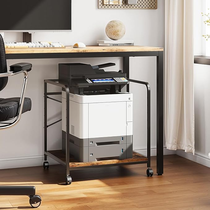 Warmiehomy 2 Tier Printer Stand with Storage, 22 Inches(55cm x 50cm) Under Desk Rolling Printer Cart with Height Adjustable Shelf, Large Printer Table for Home Office, Black