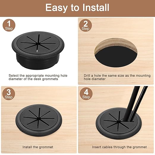 uxcell 4 Pcs Desk Grommet, 1.97 inch 50mm Desk Cable Hole Cover Wire Hole Insert for Home Office Table Cabinet Cord Organizer, Black