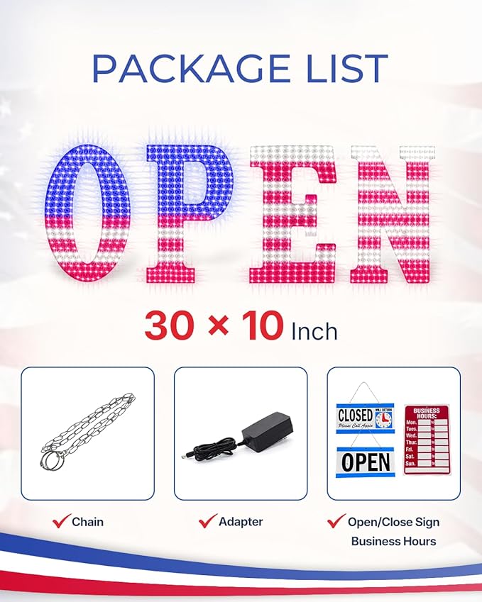 30'' x 10" Large Open Signs for Business, Super Bright LED Open Closed Sign with Hanging Installation, Light Up Sign for Bar Store Restaurant Office Hotel Salon USA Flag