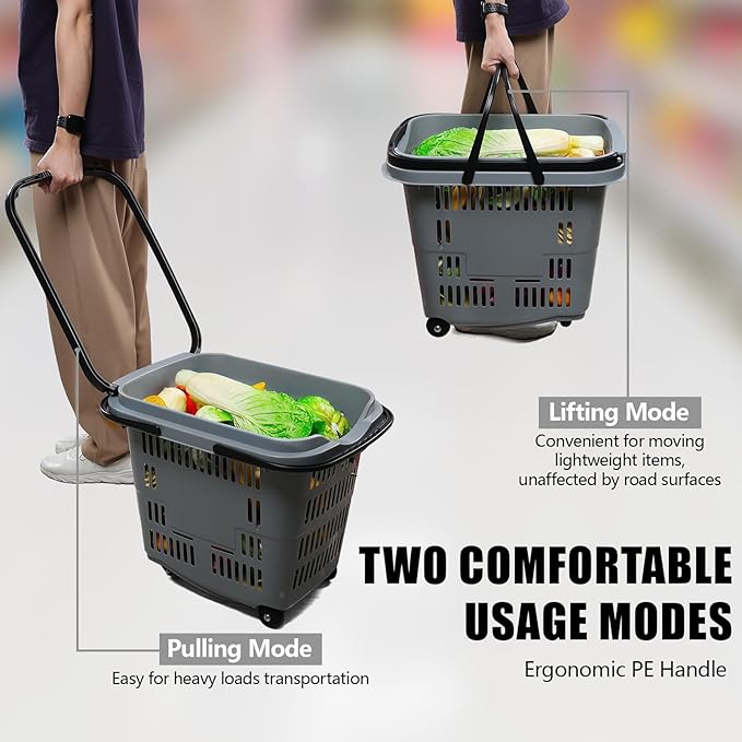 Teyyvn 4 PCS 50L Plastic Rolling Shopping Basket with Handle, Rolling Shopping Basket for Supermarkets and Retail Stores, Grey