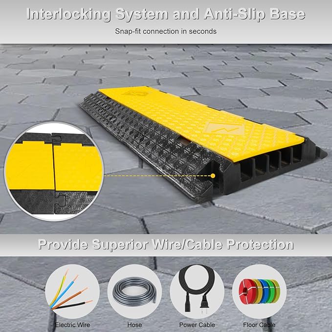 Cable Protector Ramp 2 Packs - 5 Channels Driveway Hose Protector with 39000 LBS Capacity Rubber Modular Cable Ramp for Garden Hose Wire Cord, Drive Over Cover Protector