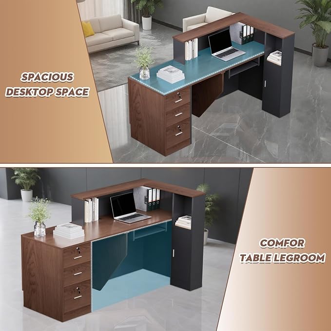 L-Shaped Modern Reception Desk with Counter & Storage - 71" Large Office Front Desk, Salon Checkout Counter with Lockable Cabinets, Shelves(Brown & Black, Left - 71''L x 34''W x 41''H)