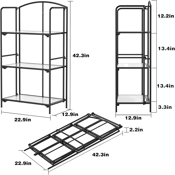 Crofy No Assembly Folding Bookshelf for Living Room, 3 Tier Black Collapsible Book Shelf for Home Office, Portable Bookcase Storage Organizer