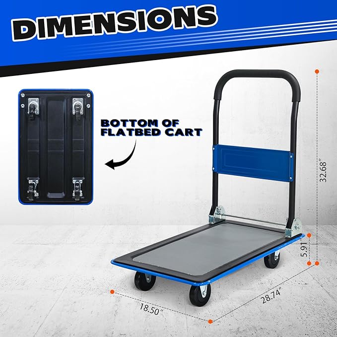 Blue Folding Platform Hand Truck 330 lbs Capacity, Heavy Duty Flatbed Dolly with 360° Swivel Silent Wheels, Foldable Steel Push Cart for Warehouse, Office, and Home Storage