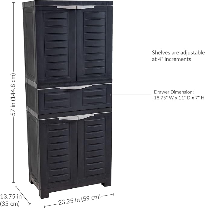 Sunnydaze Plastic Garage Storage Cabinet with 2 Adjustable Shelves - 57" H - Garage, Office, Home, Laundry Room - Charcoal