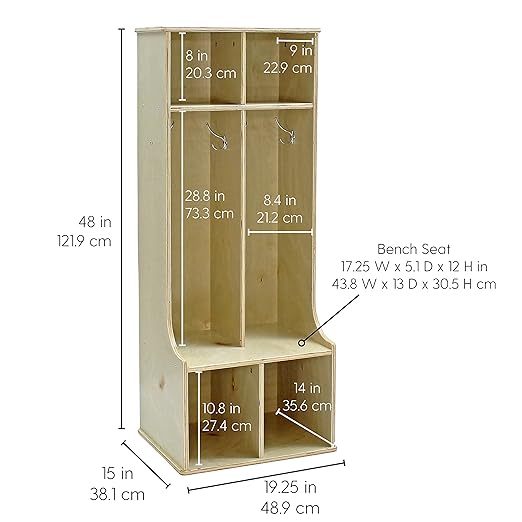 Factory Direct Partners 13138-NT Birch 2-Section Coat Locker with Bench, Storage Cubbies and Coat Hooks - Natural