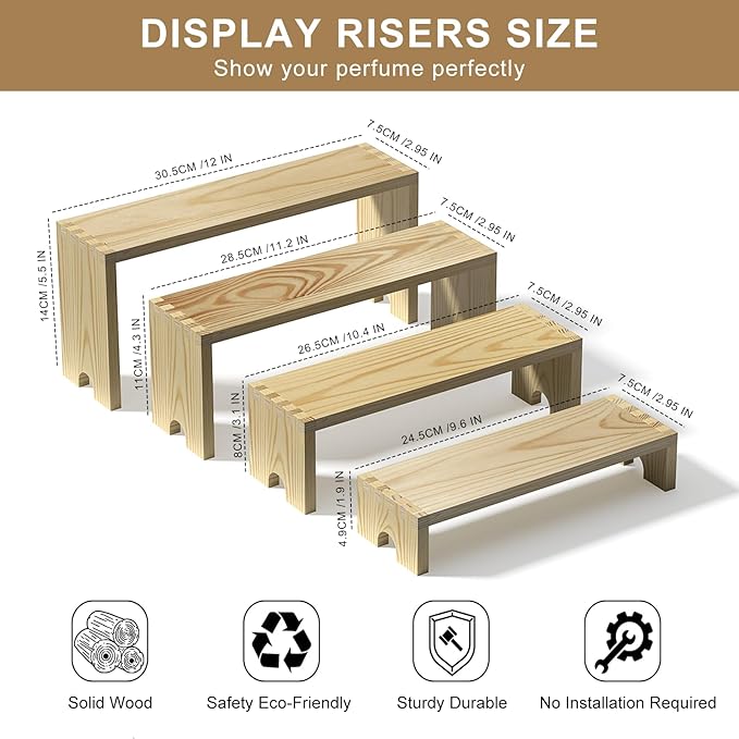 2 Set Large Wooden Tiered Riser Display Stands for Vendor Events,Stackable Perfume Organizer Cologne Stand for Men Women,Wooden Cupcake Dessert Stand,Wood Dessert Table Display Set,Food Display Risers for Party（12-11.2-10.4-9.6IN）