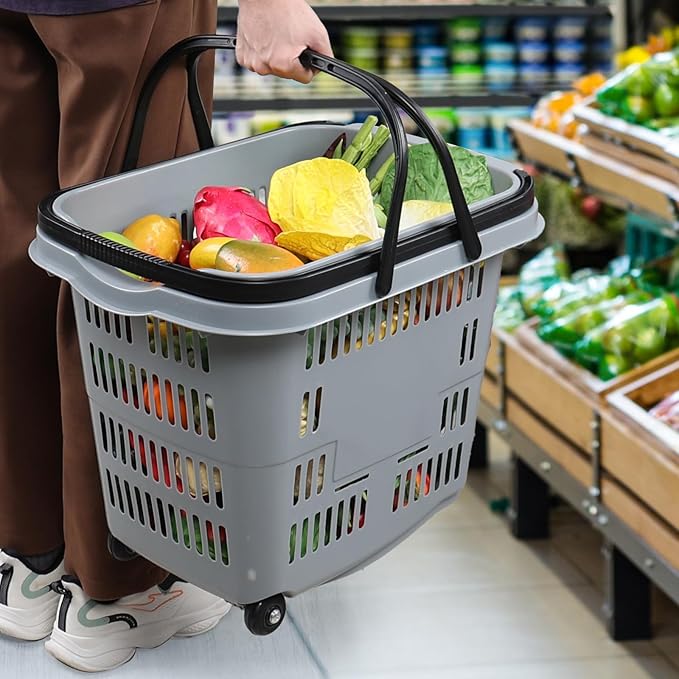 50 L Plastic Shopping Basket with Wheels, 4-Pack Large Rolling Shopping Basket with Handle, Grey
