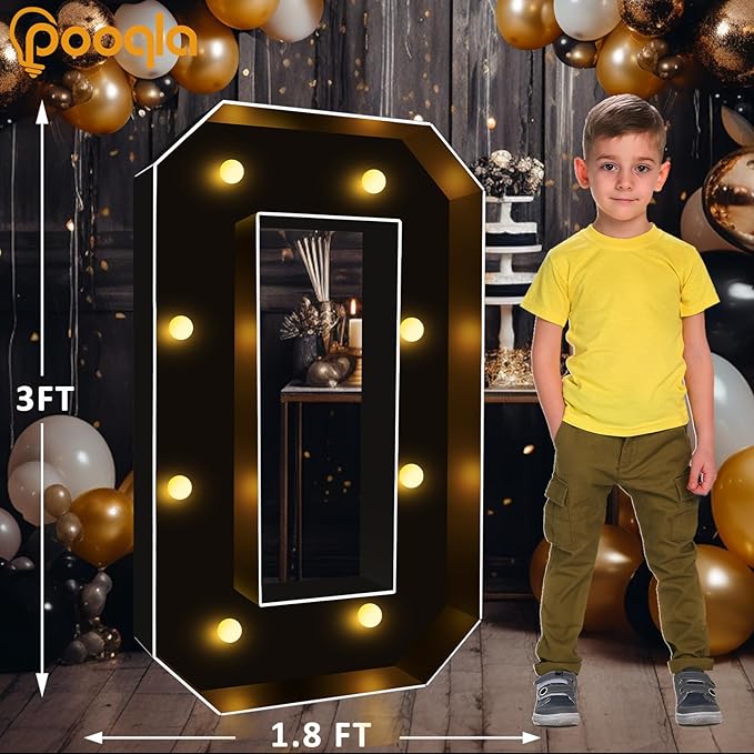 Pooqla 3 FT 4 FT Marquee Light Up Letters, Black Giant Letter Sign Marquee Letter Lights, Big Mosaic Letters Numbers for Balloons Birthday Party Anniversary Wedding Decorations, 3FT Letter O