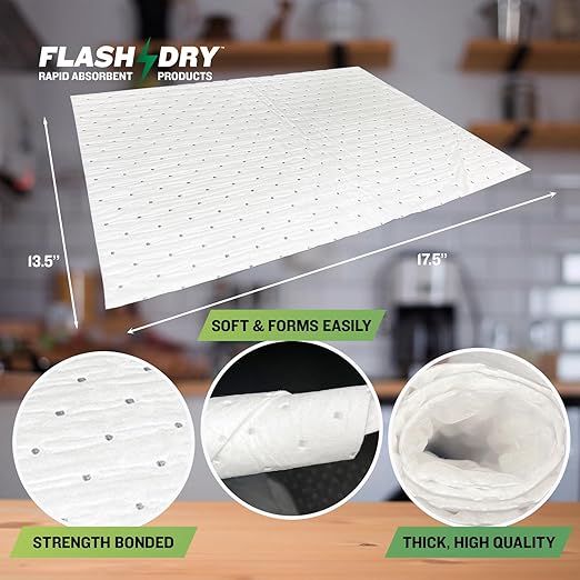 FlashDry Oil Absorbent Pads – High Absorbency of Oil-Based Liquids, Water-Repellent, Tear-Resistant, Premium Mats, Ideal for Garage, Driveway, Automotive, Marine Use, 17.5” x 13.5”, 100-Count Box