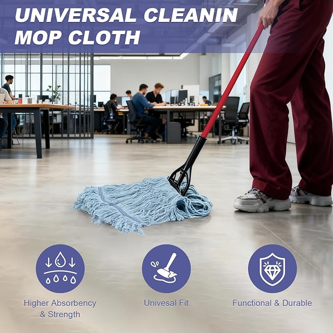 Commercial Heavy Duty Mop Heads Replacements: Wet Industrial Blue Cotton Looped End String Head Refill for General Floor Cleaning (6 Pack)