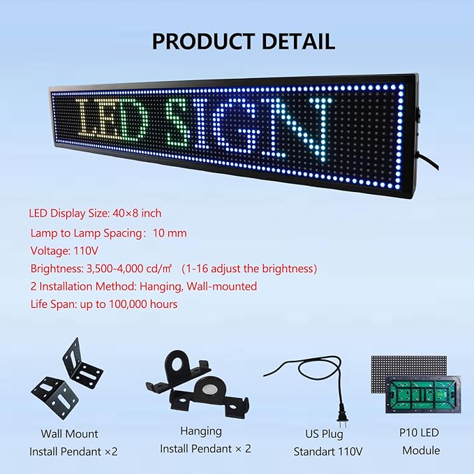 P10 Programmable LED Sign Outdoor, RGB Full Color Scrolling LED Sign with 4000CD/㎡ High Brightness, WIFI Control Open Welcome Led Digital Display for Business Advertising, Store, 40”x 8”