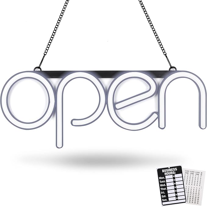 LED Neon Open Sign Light. Perfect to Advertise Storefront, Business, Office, Shop and Restaurant. Ultra Bright White Designer Color. Custom Built, Elegant Window Display