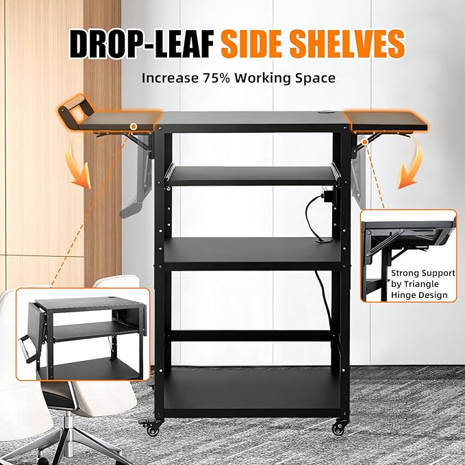 All-Steel AV Cart with Wheels and Power, Height Adjustable Media Workstation with Drop-Leaf Shelves for Projectors, Laptops & Printers, Heavy Duty Presentation Cart with Pull-Out Keyboard Tray
