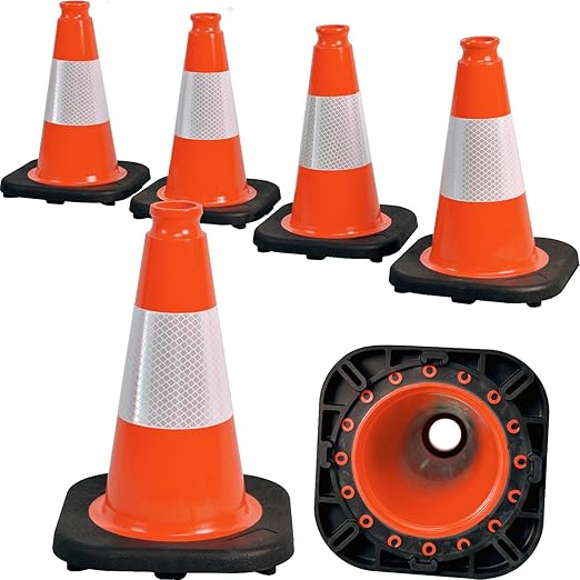 6 Pack 12" Inch Orange PVC Traffic Cones with Heavy-Duty Base, High-Visibility All-Weather Safety Cones for Road Construction, Parking Lot, and Garage Use (6, Orange, 12" Small)