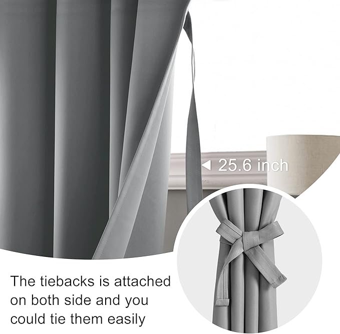 JIUZHEN Blackout Curtains for Bedroom - Thermal Insulated Room Darkening Rod Pocket Curtains for Living Room, Set of 2 Panels with Tiebacks, 52 x 72 Inch Length, Light Grey