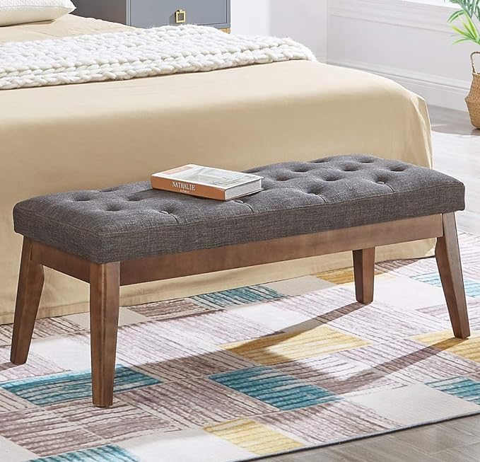 24KF Linen Upholstered Buttons Tufted Entryway Bench with Solid Wood Leg,Bed Bench Ottoman with Padded Seat,5034-Dark Gray