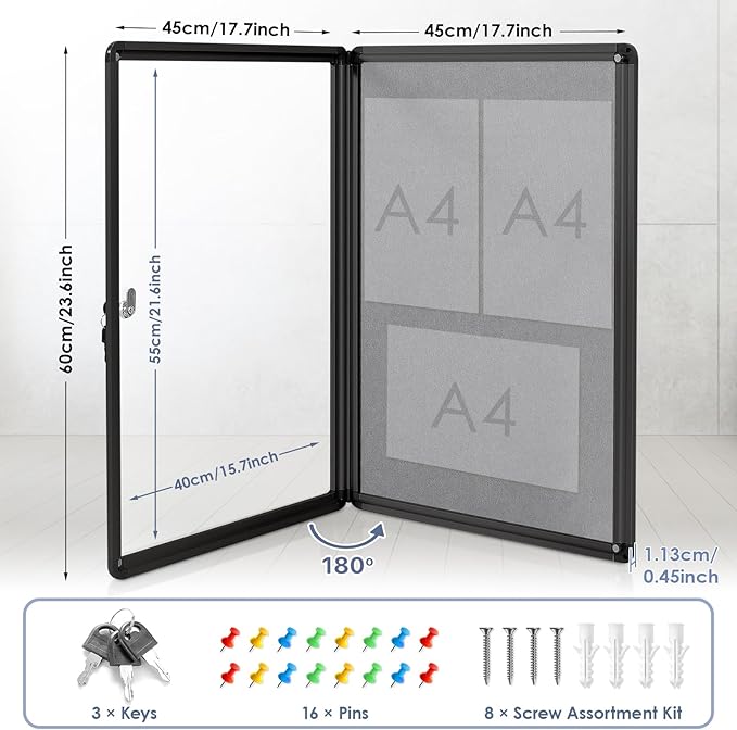 Enclosed Bulletin Board 24x18 in, Lockable Felt Board Bulletin Board for Office School Home Commercial, Tamperproof and Shatter Resistant, Black Aluminum Frame, Grey Felt
