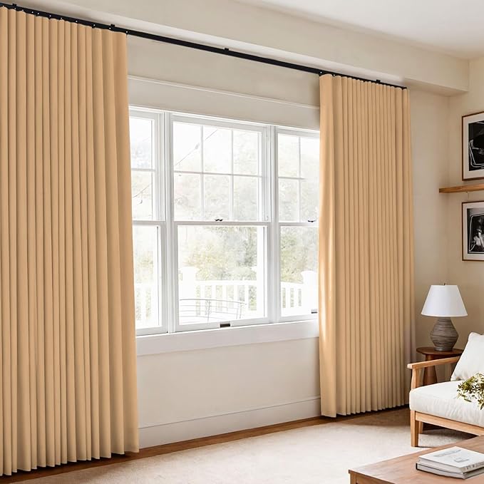 Room Divider Blackout Curtains Flexible Sliding Tracks Sets Ceiling Mounted Rod Window Curtain Privacy Separation for Bedroom Living Rooms,1 Panel Khaki Drape and Black Track Set-W180xH108 in