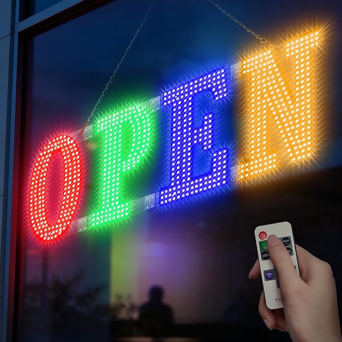 30'' x 10" LED Open Signs for Buisness, Remote Control and Adjustment Brightness & Speed - 14 Mode, Large Open Closed Sign for Bar Store Restaurant Office Hotel Salon Red&Green&Blue&Yellow
