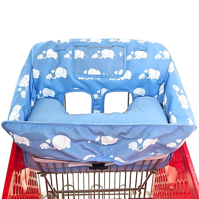 Love&go Soft Pillow Attached 2-in-1 Shopping Cart and High Chair Cover for Baby, Cotton Padded Cart Cover, Fold'n Roll Style, Portable with Carry Bag (Blue Elephant)
