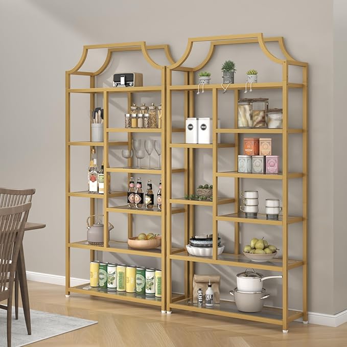 Loomie 8-Open Shelf Bookshelf, 70.87" H x 31.5" L Lux Etagere, Tempered Glass Bookcase, Tall Storage Display Modern Open Book Case for Bedroom, Home Office & Living Room, Gold Finish & Glass Shelving